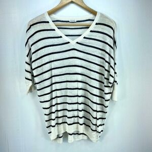 PLST Black White Stripe Short Sleeve V Neck Linen Blend Sweater Top Women Medium